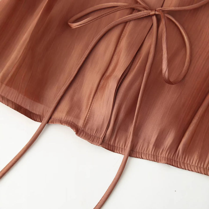 Damen Zweiteiliges Satin-Loungewear-Set mit Hemdbluse und weitem Elastikbund-Hose Drune