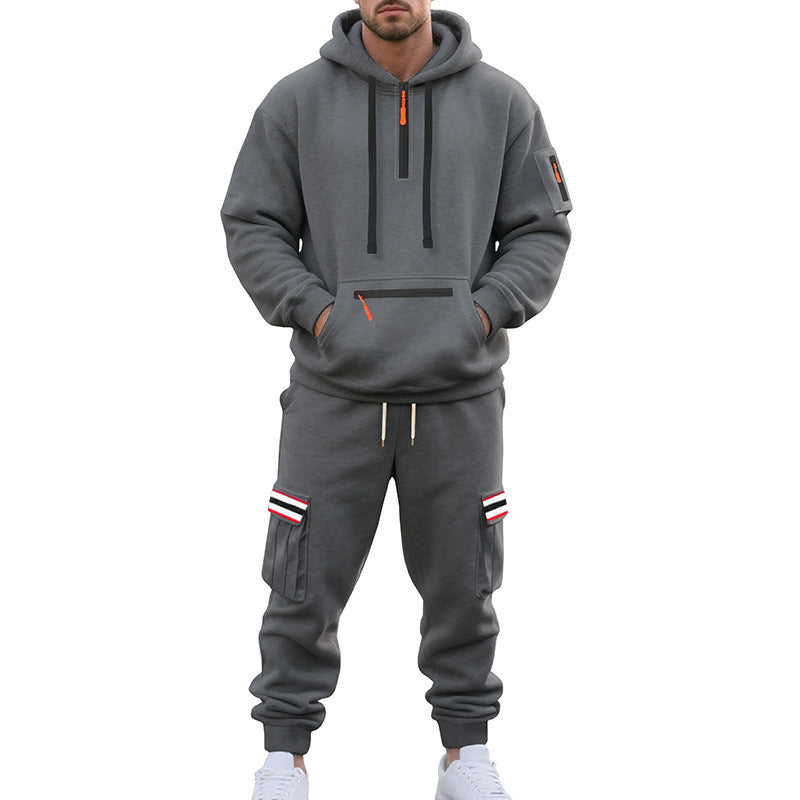 Herren nan Cargo-Hoodie- und Jogginghose-Set mit Halbzip, Reißverschluss-Kängurutasche und elastischem Tunnelzugbund Drune