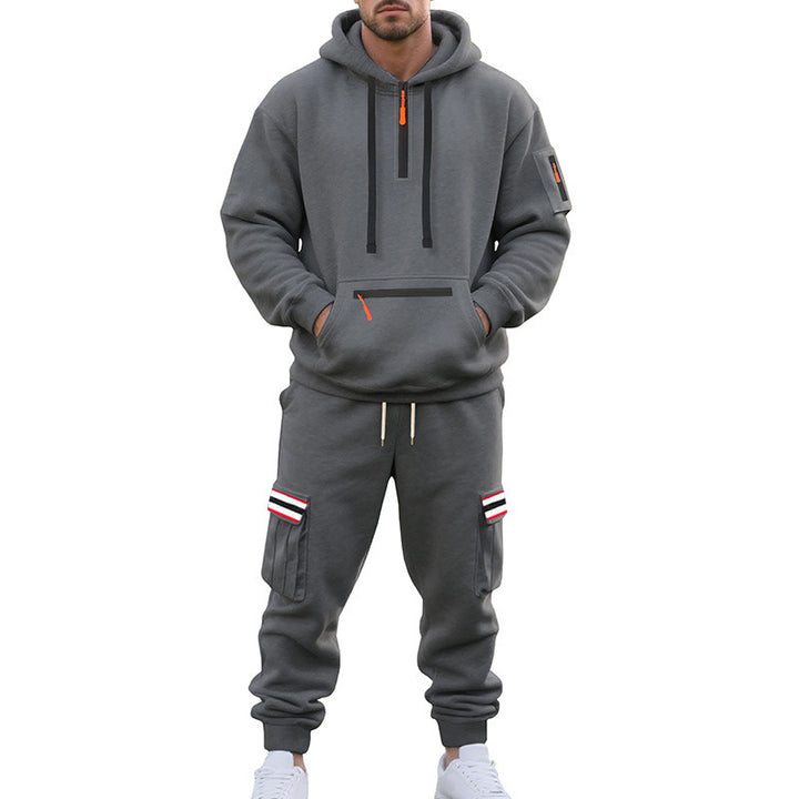 Herren nan Cargo-Hoodie- und Jogginghose-Set mit Halbzip, Reißverschluss-Kängurutasche und elastischem Tunnelzugbund Drune
