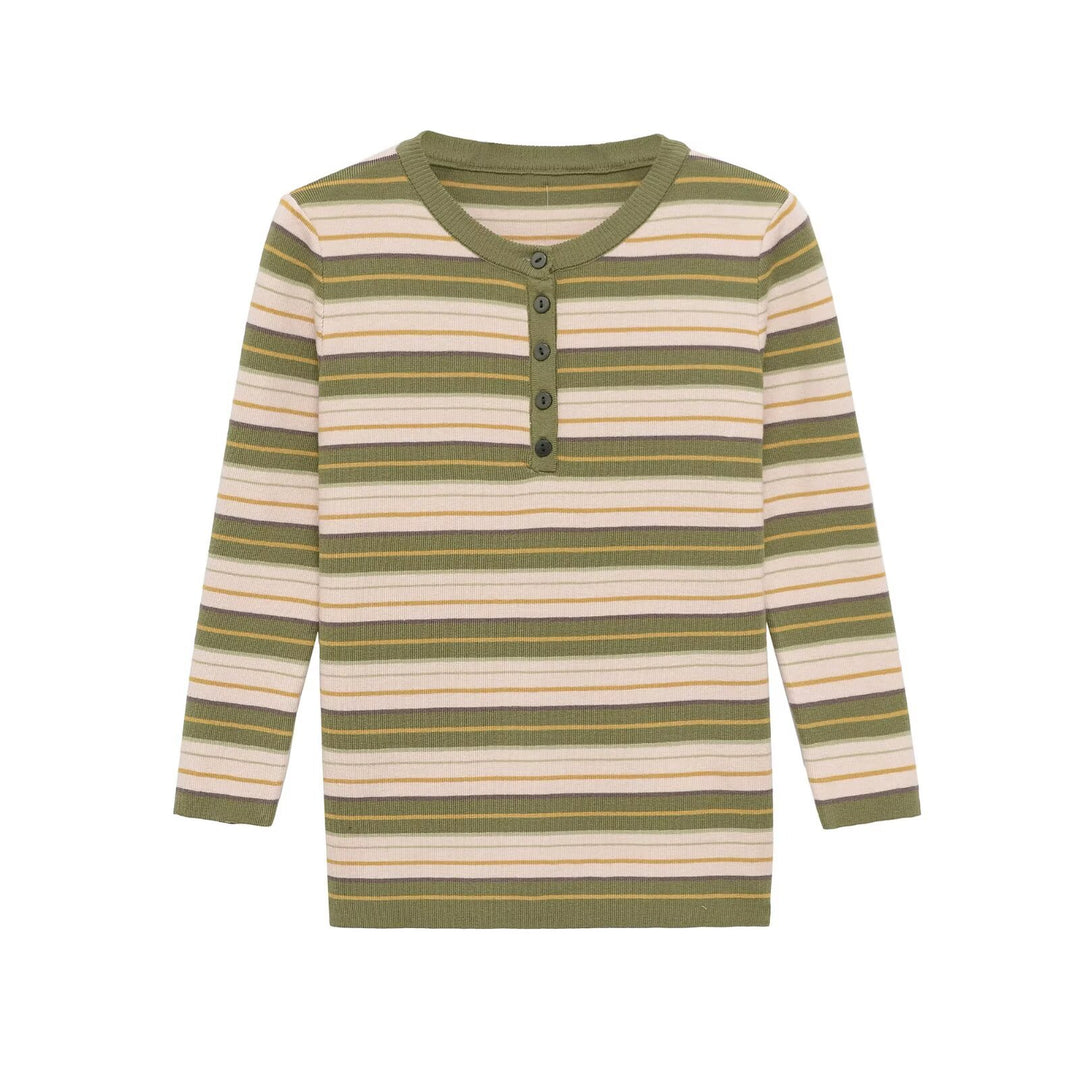 Damen Gestreiftes Rippstrick-Henleyshirt mit Knopfleiste und schmaler Passform Drune