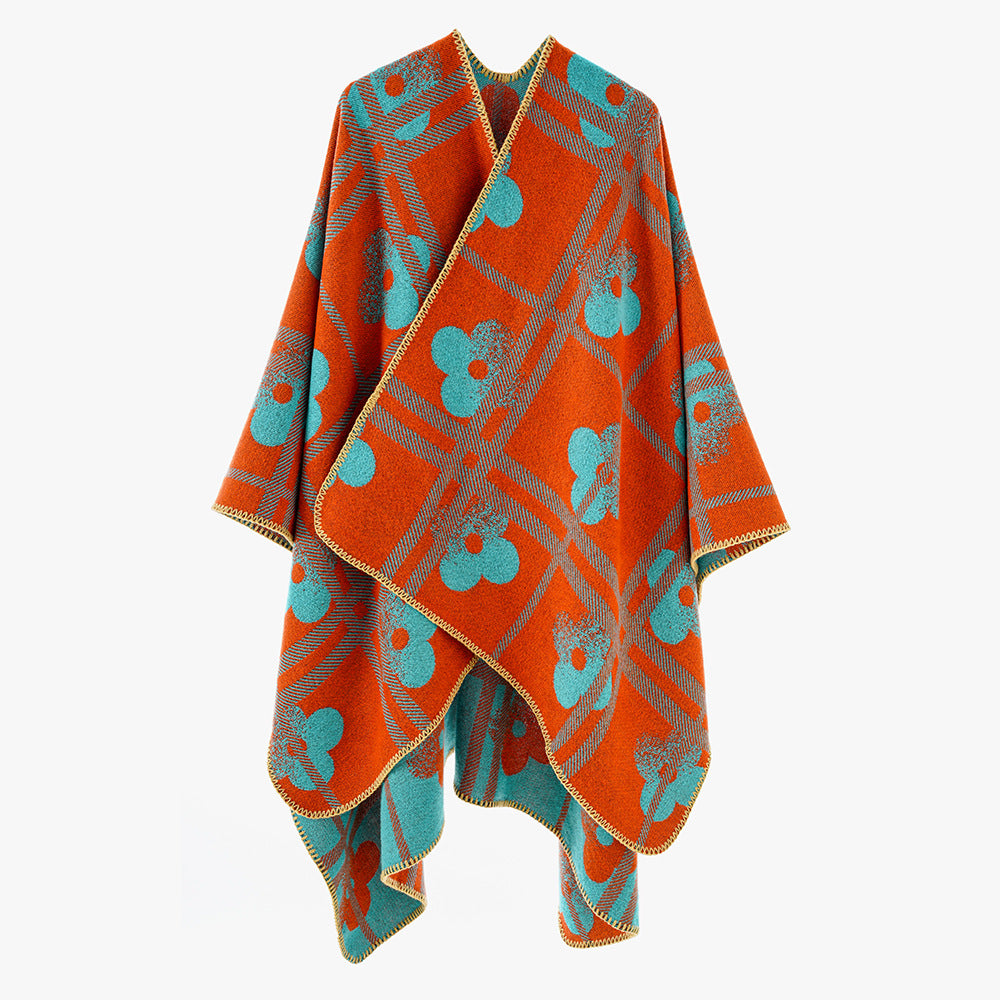 Damen Reversibler Jacquard-Poncho aus Wollmix mit floralem Karo‑Motiv und Zierkettelnaht Drune