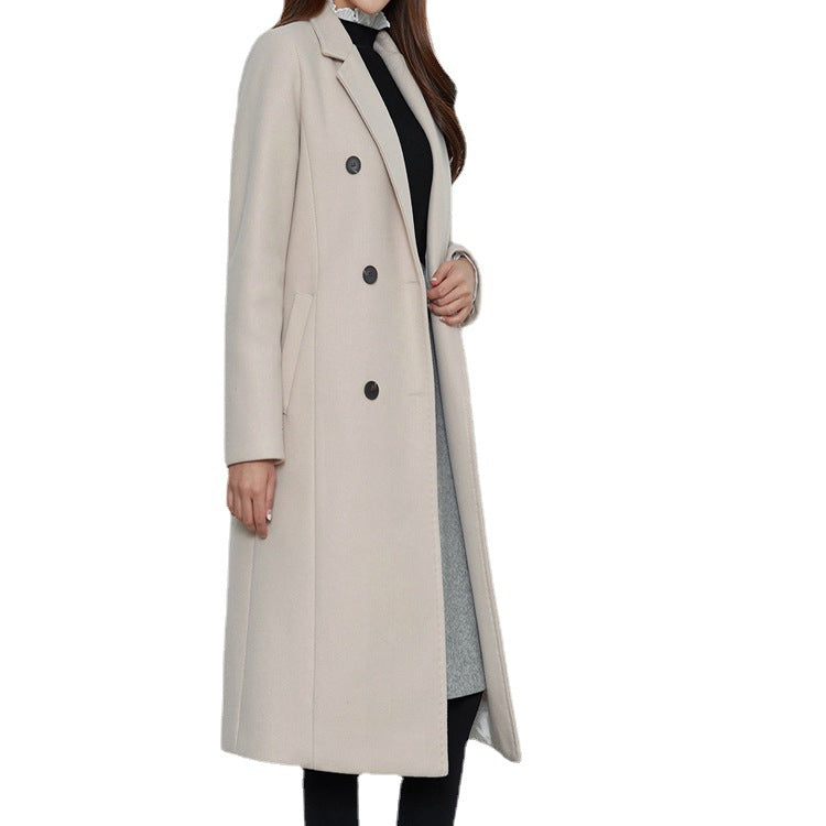 Damen Lang geschnittener Wollmix-Mantel im minimalistischen Doppelreiher mit tiefem Revers Drune