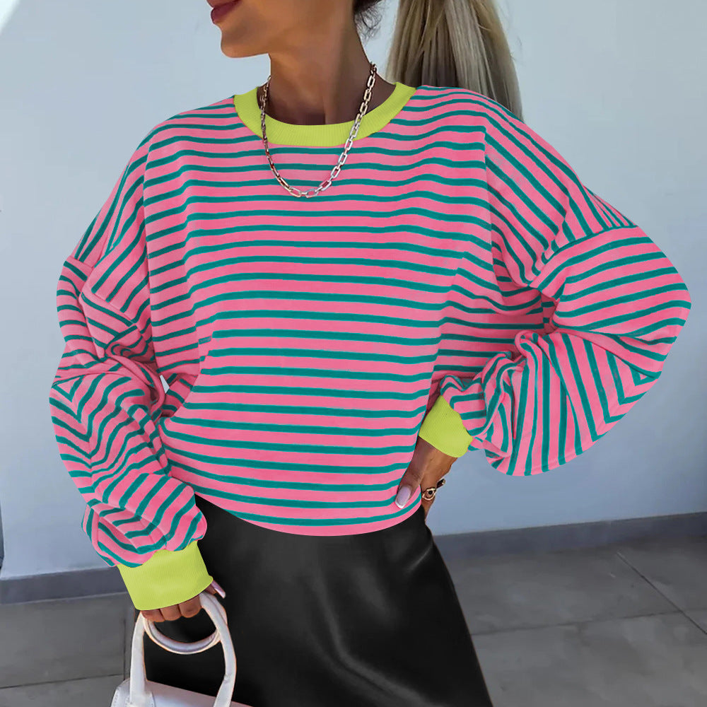 Damen lässiges gestreiftes Sweatshirt mit Boxy-Schnitt und kontrastierenden Abschlüssen Drune