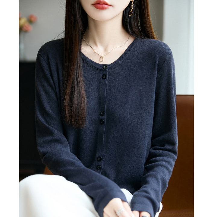Damen Leichter Feinstrick-Knopfleisten-Cardigan mit Rundhalsausschnitt Drune