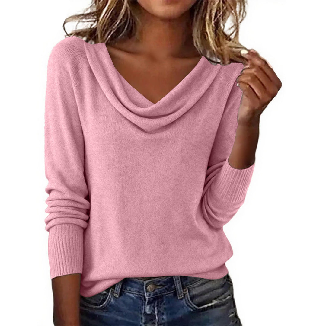 Damen Feiner Strickpullover mit Wasserfallkragen und Rippbündchen Drune