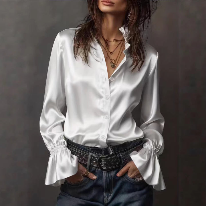 Damen Seidenglänzende Satinbluse mit Stehkragen, Knopfleiste und Volantärmel Drune