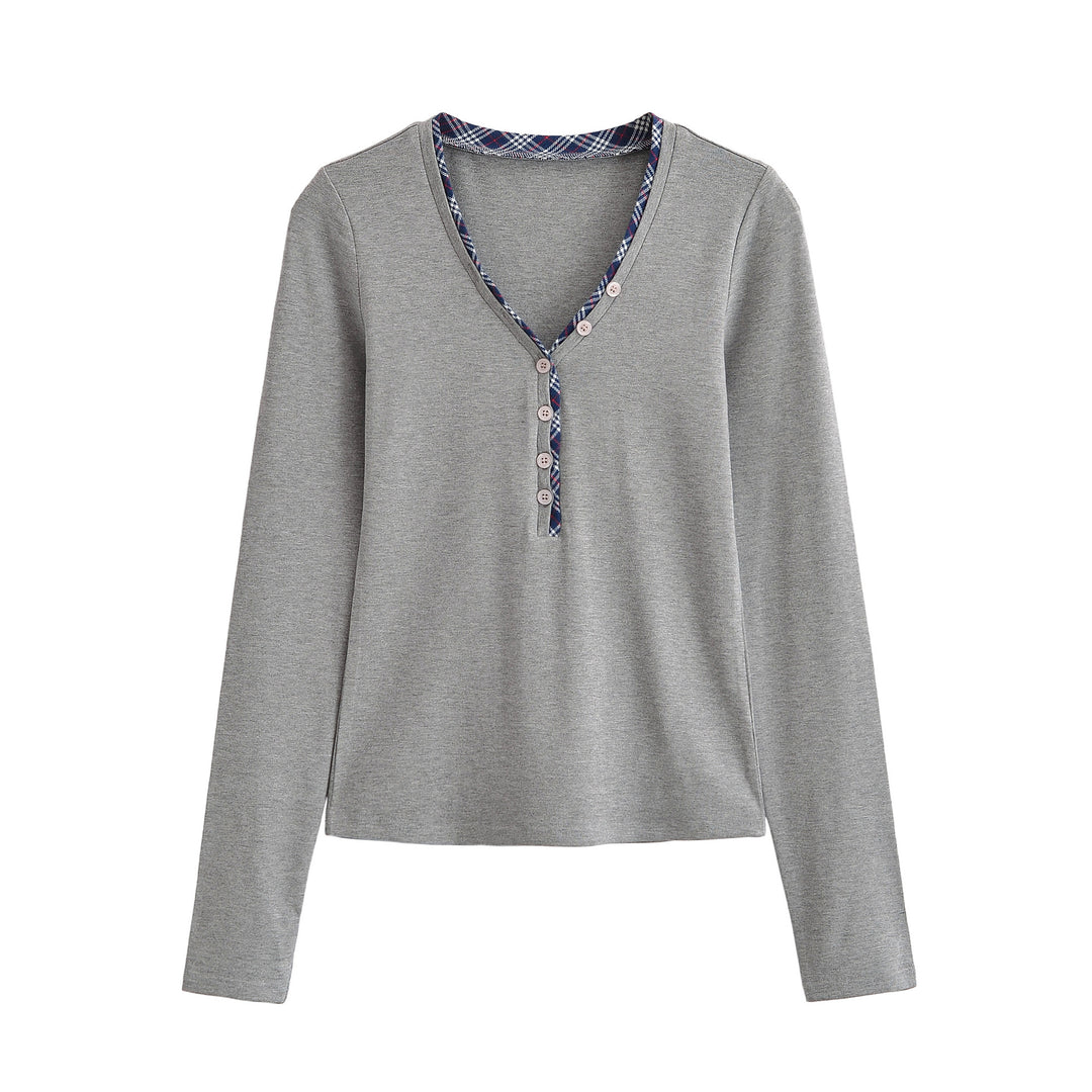 Damen Langarmshirt mit V-Ausschnitt, Knopfleiste und Karobesatz Drune