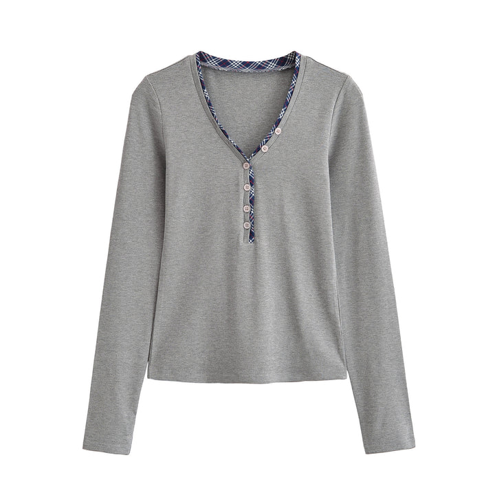 Damen Langarmshirt mit V-Ausschnitt, Knopfleiste und Karobesatz Drune