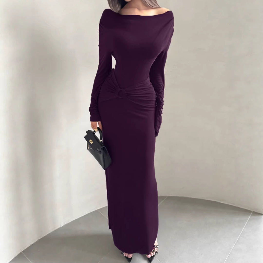 Damen Off-Shoulder Maxikleid mit taillierter Wickeloptik und Raffung Drune