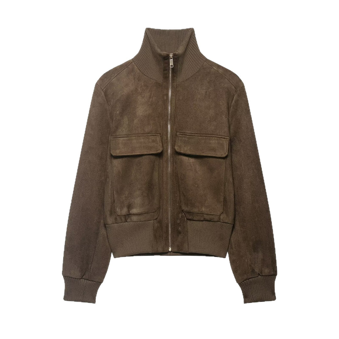 Damen Bomberjacke aus Velourslederoptik mit hohem Rippkragen und Pattentaschen Drune