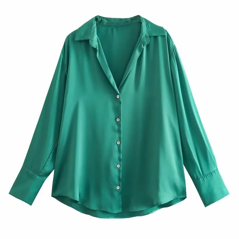 Damen Oversized Satinbluse mit Hemdkragen und breiten Manschetten Drune