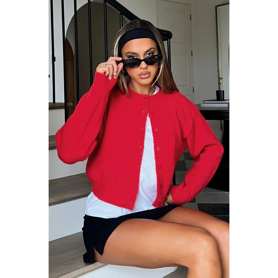 Damen Kurzgeschnittene Strickjacke mit verdeckter Knopfleiste und Ballonärmeln Drune