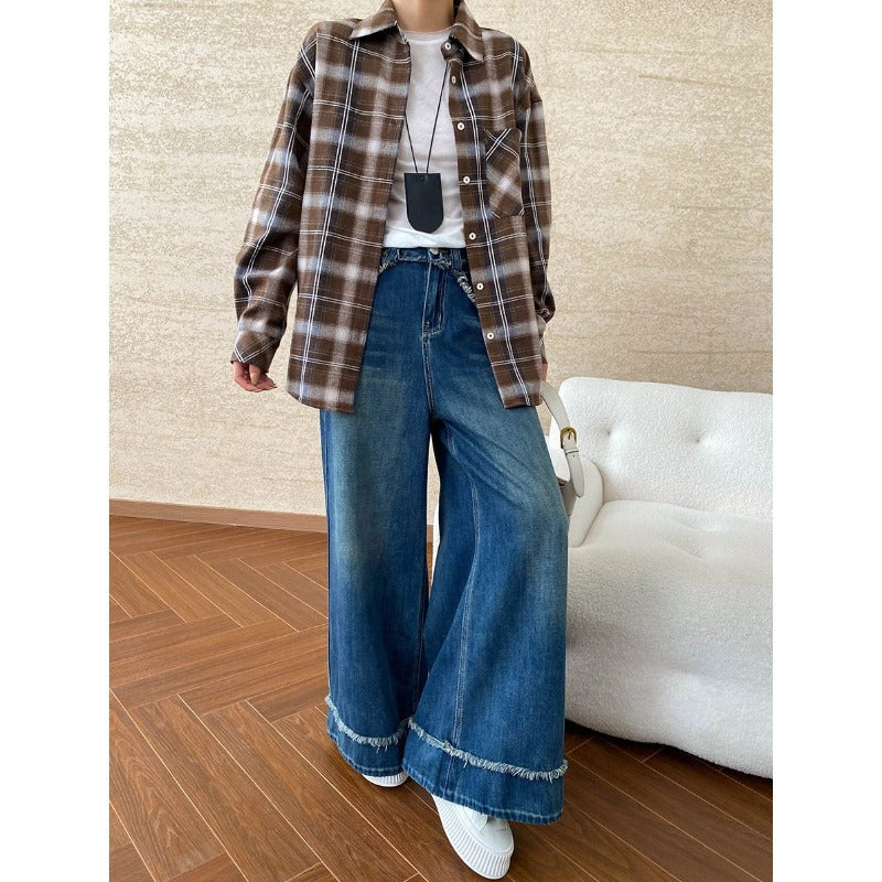 Damen Karierter Flanell-Hemdjacke mit leichtem Oversized-Schnitt Drune