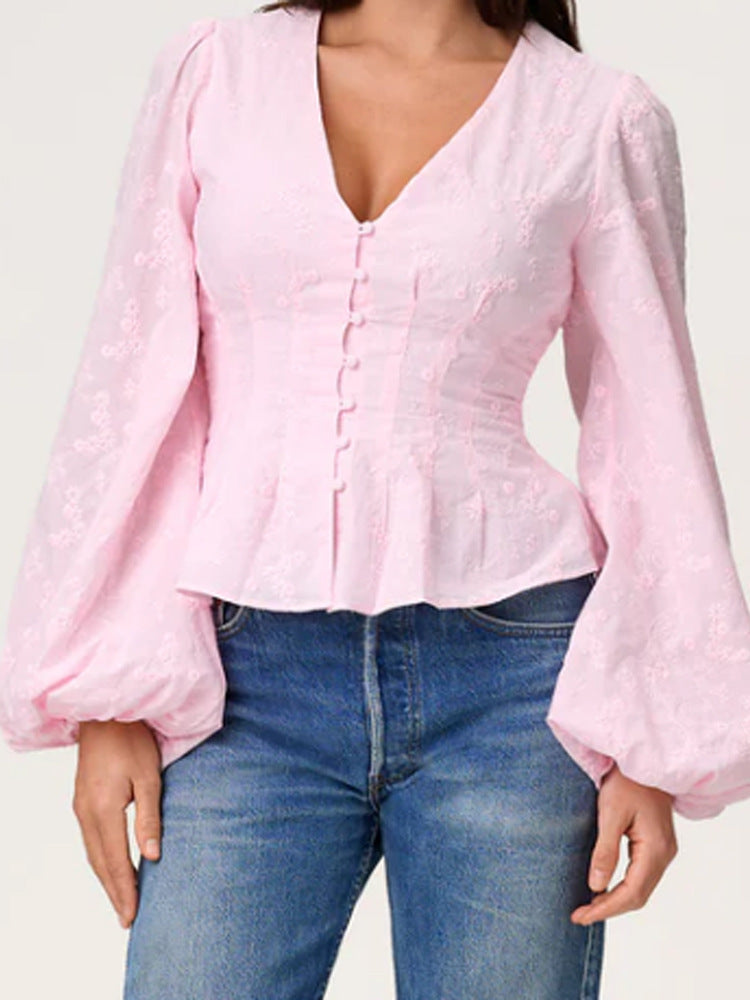 Damen Jacquard-Spitzenbluse mit tailliertem Schößchen und Ballonärmeln Drune