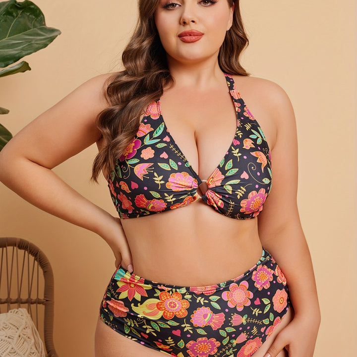 Damen Hoch tailliertes Bikini-Set mit floralem Muster Drune