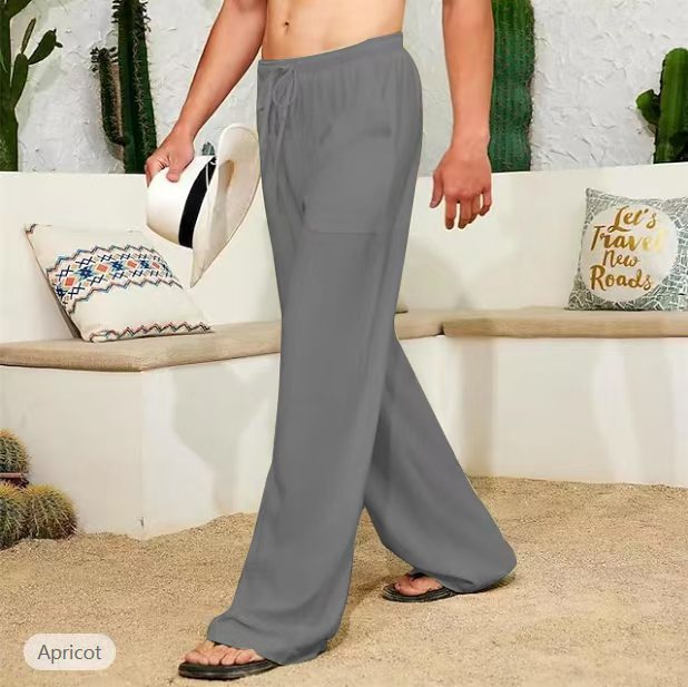 Herren weite Leinenhose mit Tunnelzug, aufgesetzten Seitentaschen und Relaxed-Fit Drune