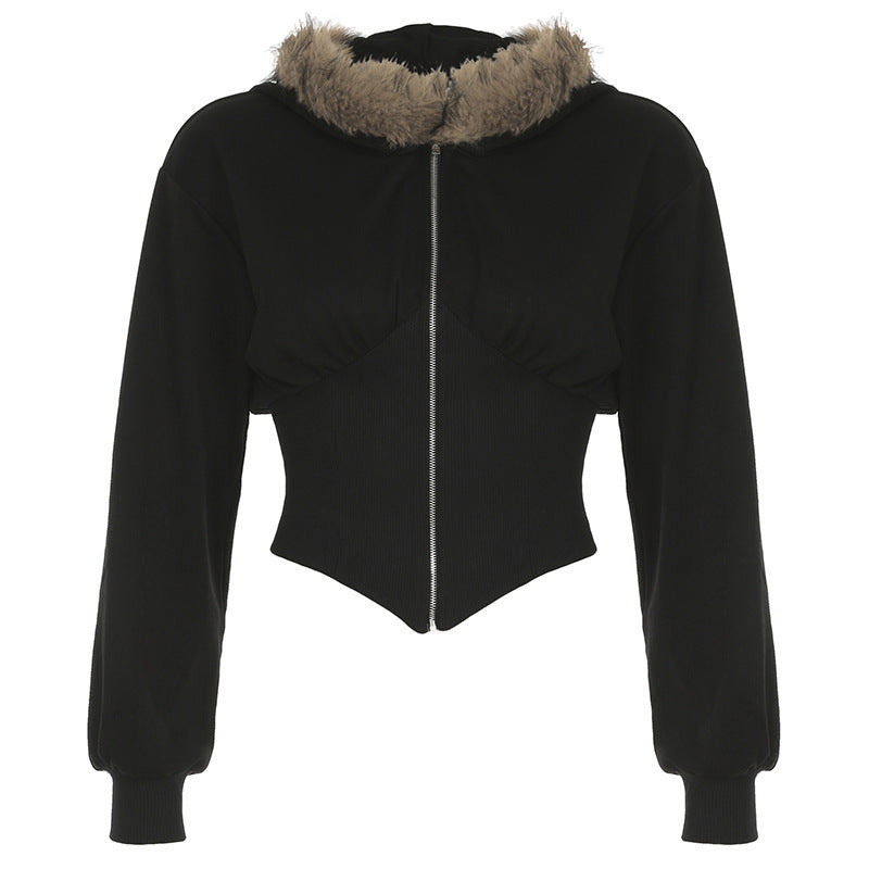 Damen Kurzgeschnittene Kapuzenjacke mit figurformender Rippen‑Corsage und durchgehendem Reißverschluss Drune