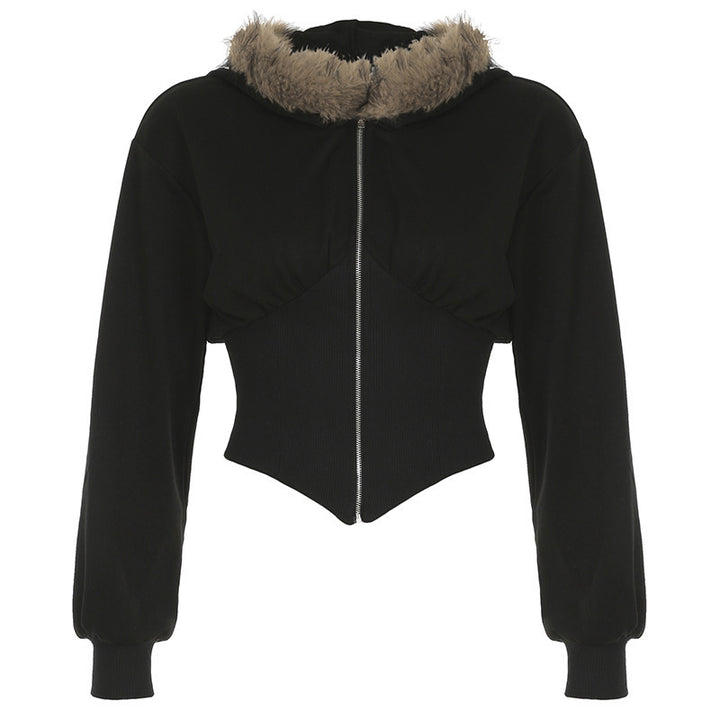 Damen Kurzgeschnittene Kapuzenjacke mit figurformender Rippen‑Corsage und durchgehendem Reißverschluss Drune