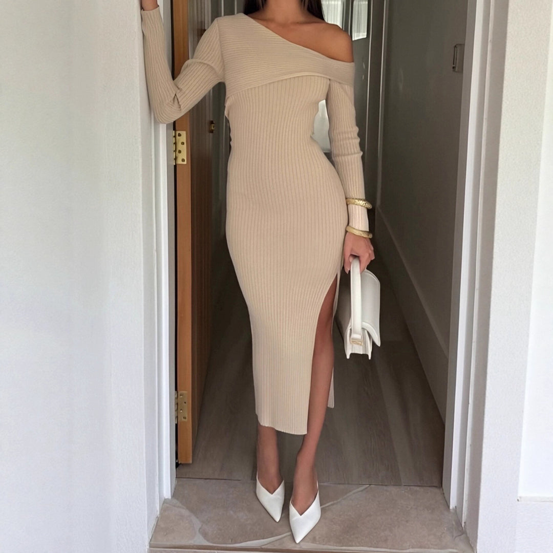 Damen nan eng anliegendes One-Shoulder-Rippenkleid mit asymmetrischem Ausschnitt und figurbetonter Midi-Silhouette Drune
