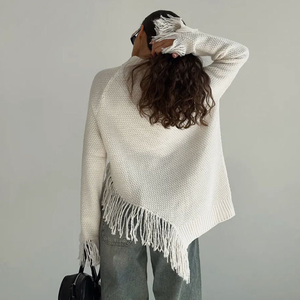 Damen Grob gestrickter Pullover mit Fransen Drune