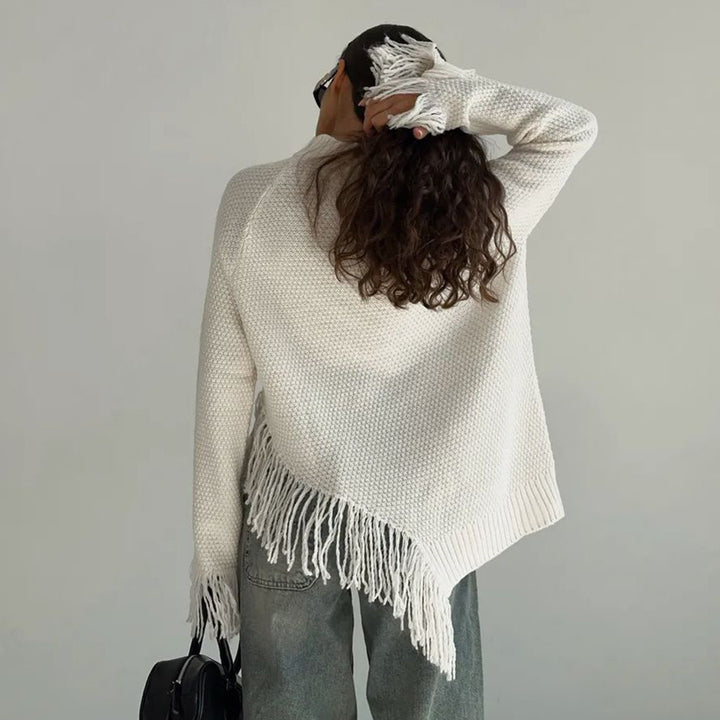 Damen Grob gestrickter Pullover mit Fransen Drune