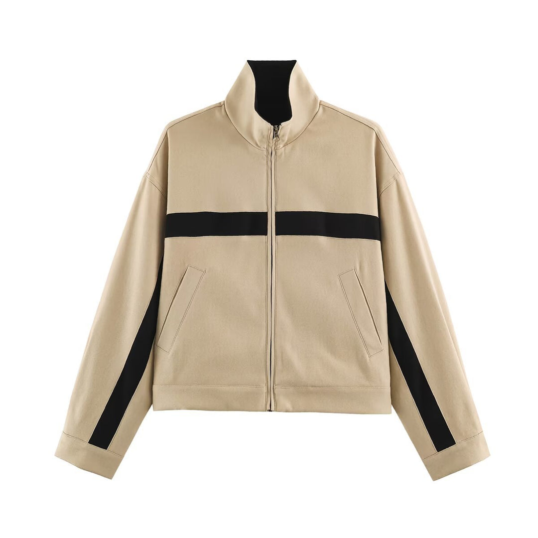 Unisex Kurz geschnittene Trackjacke mit Stehkragen, Kontraststreifen und Reißverschluss Drune