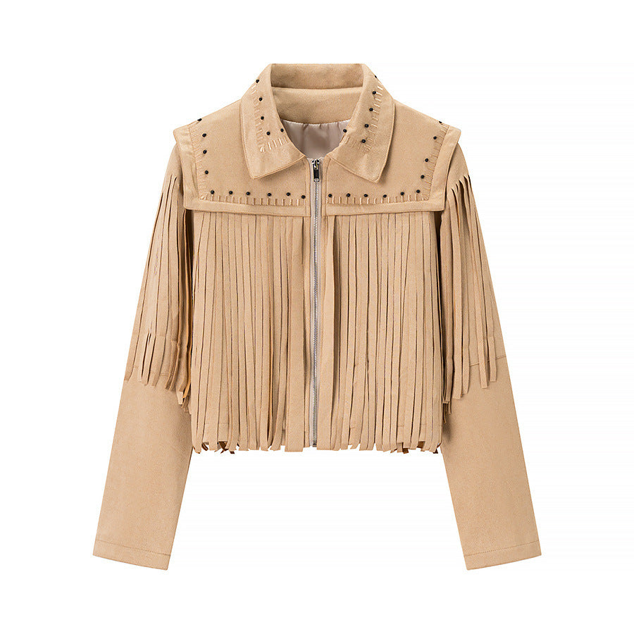 Damen nan kurze Fransenjacke im Wildlederlook mit Nietenbesatz Drune