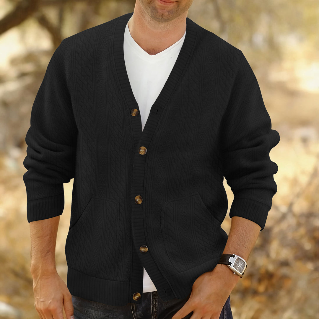 Herren Strukturierter Strickcardigan mit Zopf- und Waffelmuster, Knopfleiste und aufgesetzten Taschen Drune