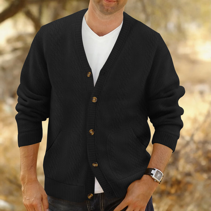 Herren Strukturierter Strickcardigan mit Zopf- und Waffelmuster, Knopfleiste und aufgesetzten Taschen Drune