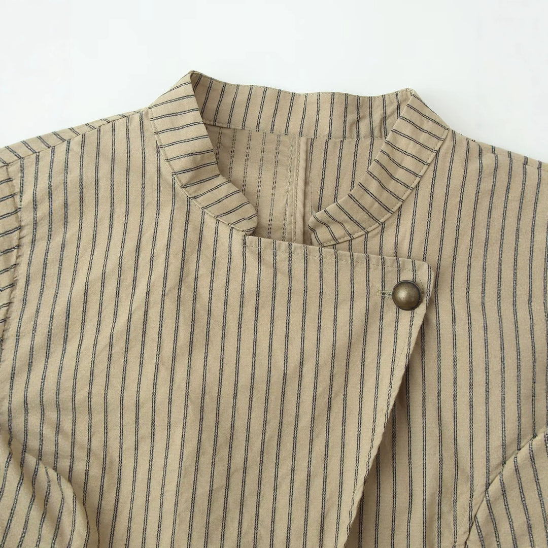 Damen Asymmetrische Nadelstreifen-Blazerjacke mit Stehkragen und überlappender Vorderseite Drune