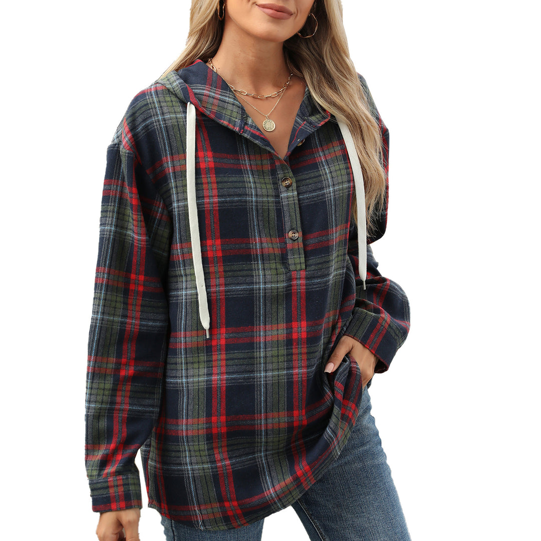 Damen Karierte Overshirtjacke mit Kapuze und Knopfdetails Drune