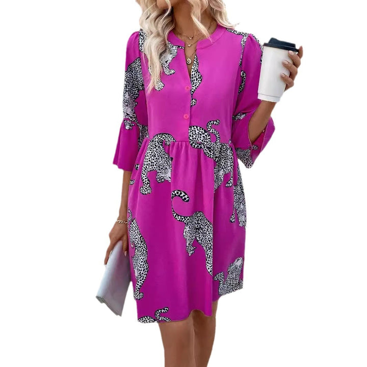 Damen nan lockeres Tunika-Kleid mit geraffter Taillennaht, Knopfleiste und grafischem Tier-Silhouettenprint Drune