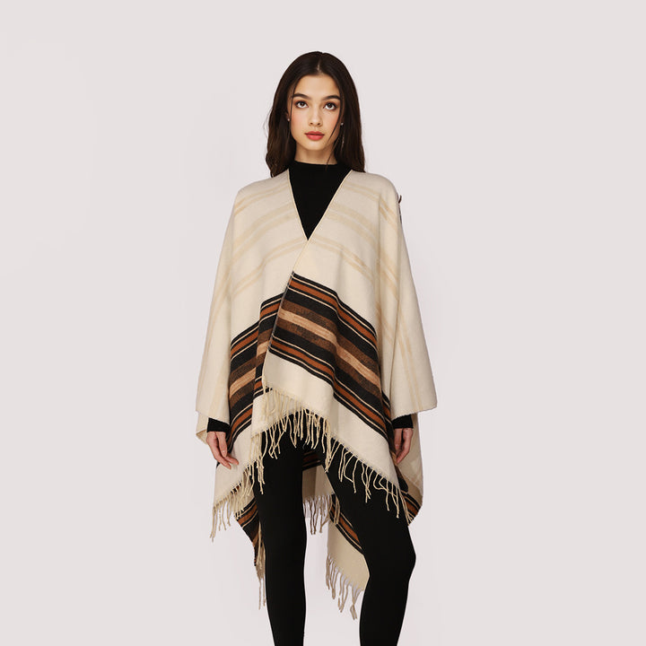 Damen Leichter Ruana‑Poncho aus Woll‑Viskosemix mit gestreifter Webbordüre und Fransensaum Drune