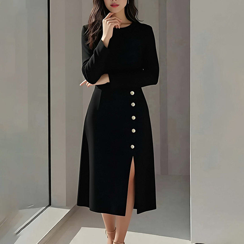 Damen Elegantes Midi-Kleid mit Knopfdetail und seitlichem Schlitz Drune