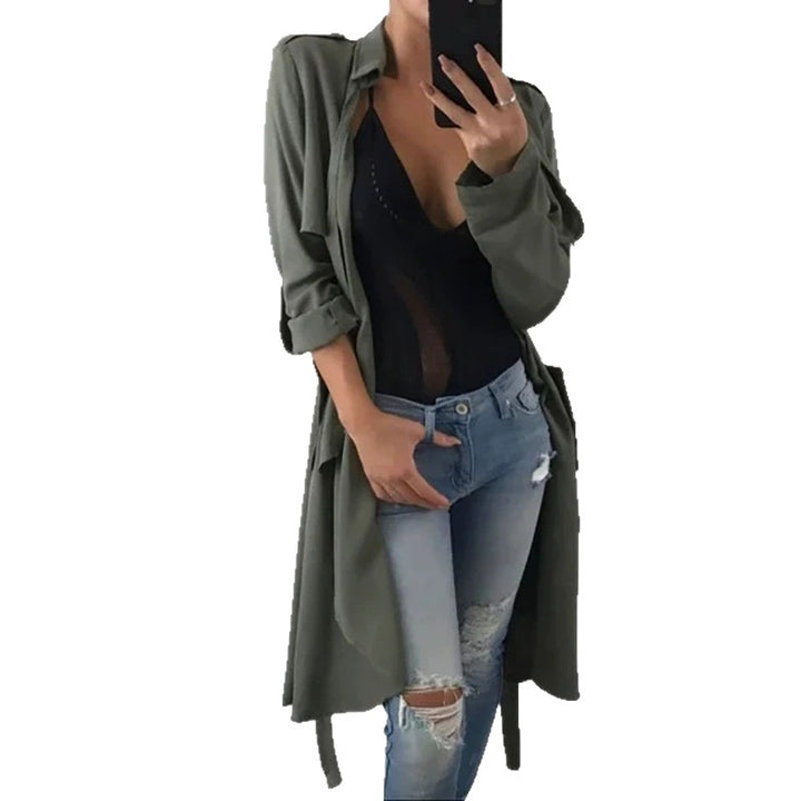 Damen eleganter Wickelcardigan aus weichem Stoff mit langem Schnitt und praktischen Taschen Drune