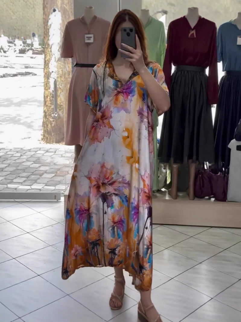 Damen nan fließendes Maxi-Kaftankleid mit V-Ausschnitt und großflächigem Aquarell-Blumenprint Drune