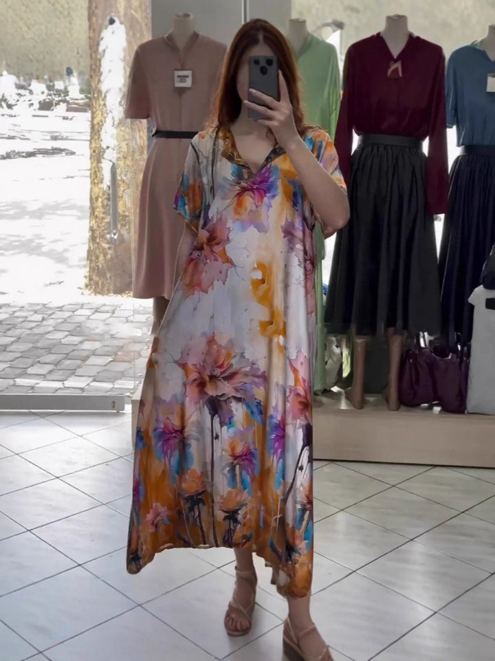 Damen nan fließendes Maxi-Kaftankleid mit V-Ausschnitt und großflächigem Aquarell-Blumenprint Drune