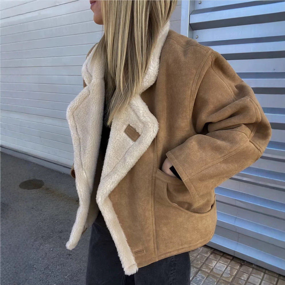 Damen kuschelige Wildlederjacke mit weichem Futter und breitem Kragen Drune