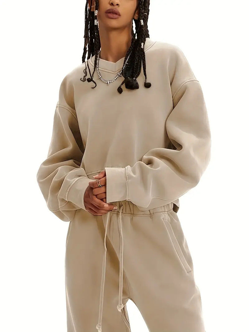 Damen Boxy-Sweatshirt mit überschnittener Schulter, verlängertem Rückenteil und brushed Fleece Drune