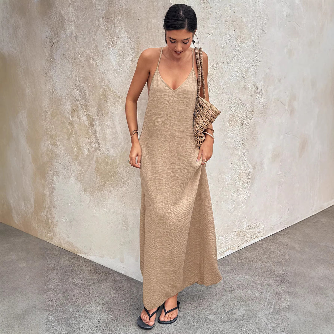 Damen Fließendes Maxikleid mit Spaghettiträgern, V-Ausschnitt und sommerlicher Leinenoptik Drune