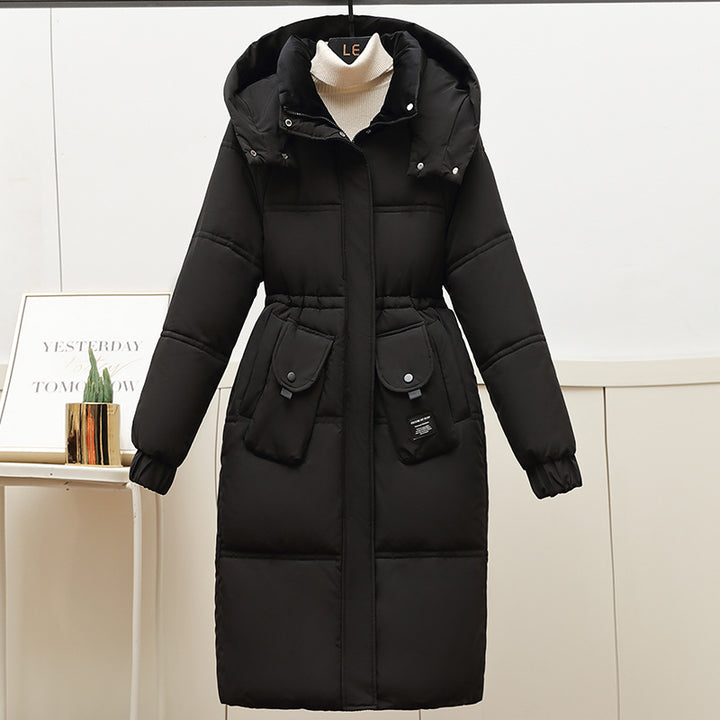 Damen Lange Pufferjacke mit abnehmbarer Kapuze und großen Taschen Drune