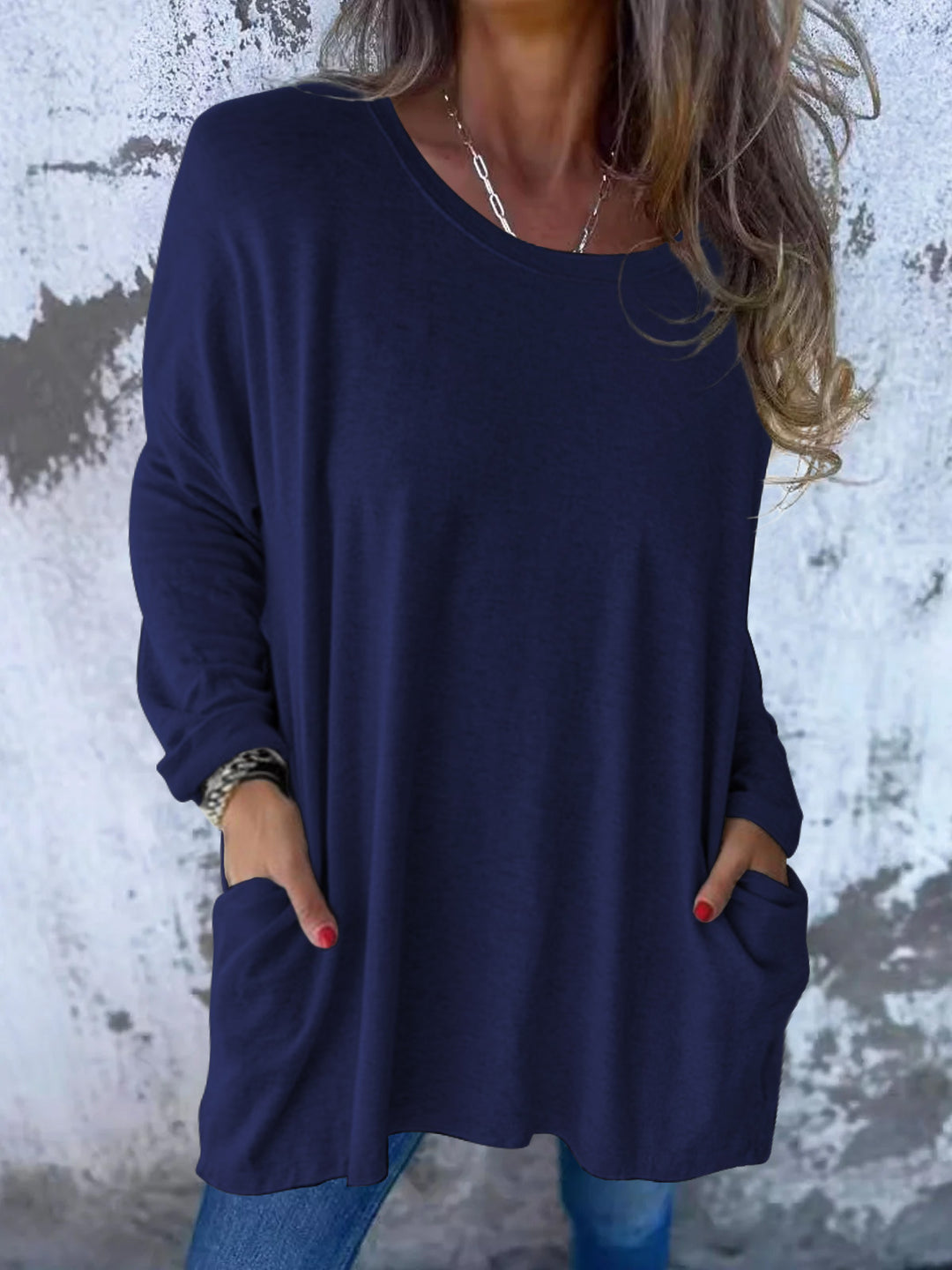Damen Weiches Oversize Langarmshirt mit Rundhalsausschnitt, Lässigen Ärmeln und Seitentaschen Drune