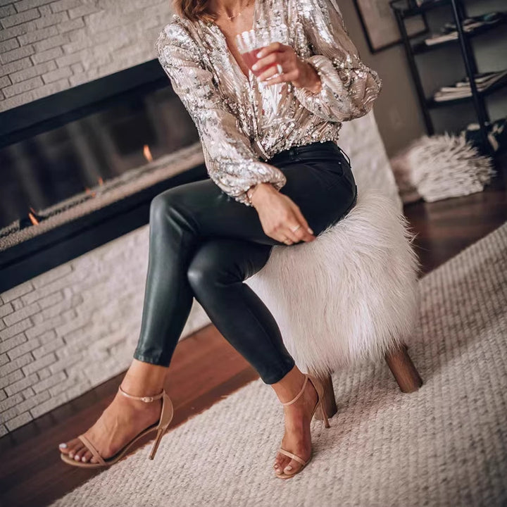Damen Paillettenbluse mit V‑Ausschnitt und Ballonärmeln Drune