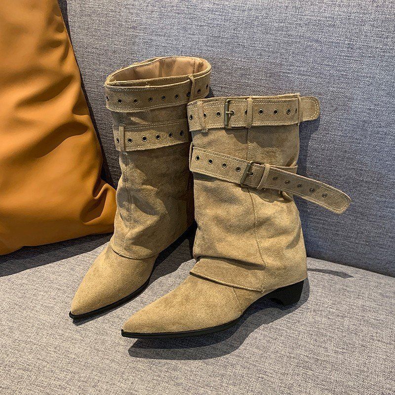 Damen Wadenhohe Wildleder-Slouch-Stiefel mit spitzer Zehenpartie und Zierschnallen Drune