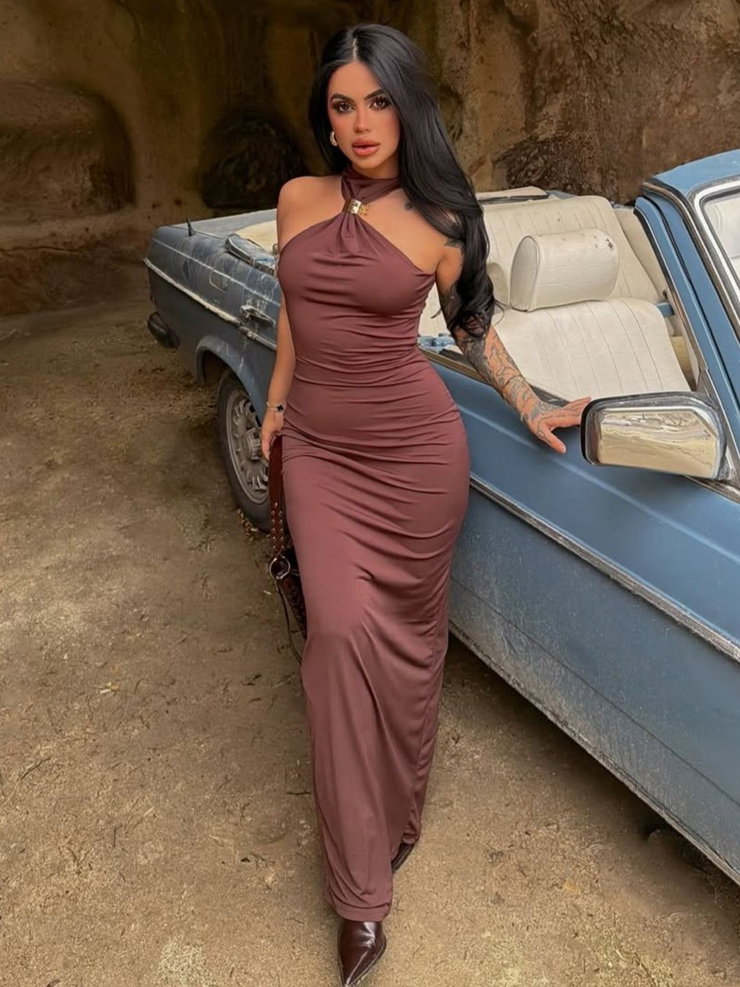 Damen Maxikleid mit asymmetrischem Ausschnitt und elegantem Design Drune