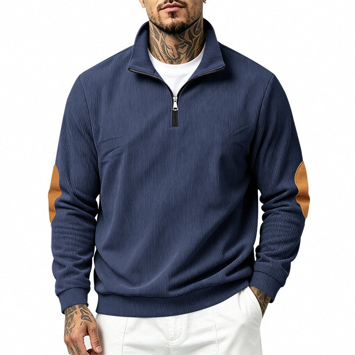Herren Leichter Struktur-Halbzip-Pullover mit Cord‑Ellbogenpatches und Stehkragen Drune