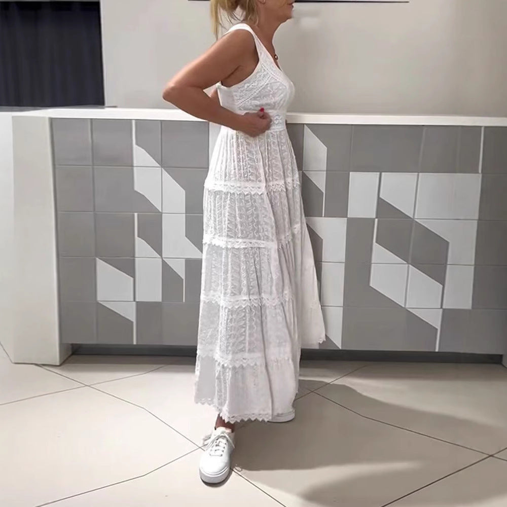 Damen nan ärmelloses Boho-Spitzen-Lagenmaxikleid mit V-Ausschnitt und Empire-Taille Drune