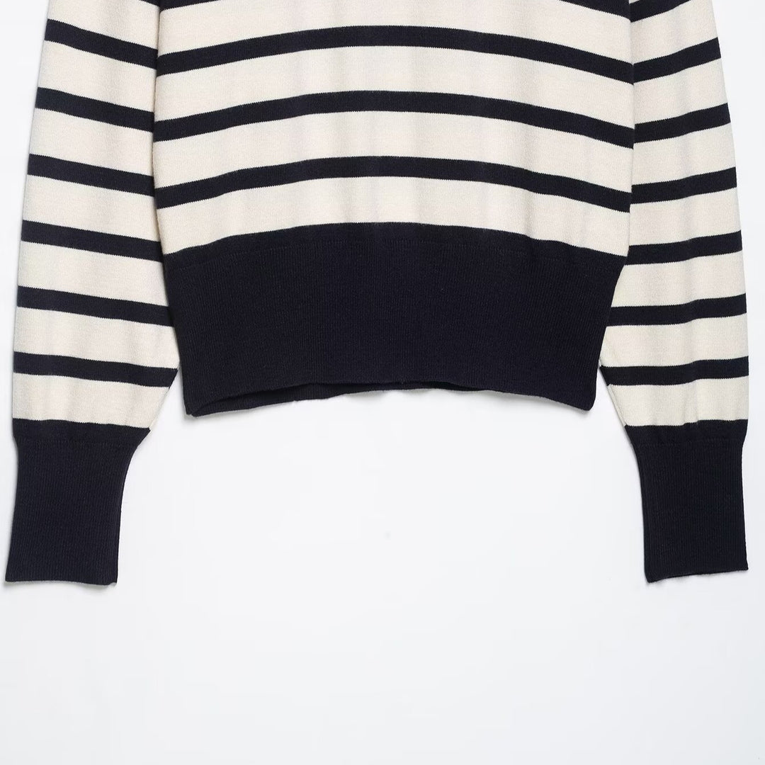 Damen Cropped Boxy Strickpullover mit halbem Reißverschluss, Stehkragen und breiten Streifen Drune