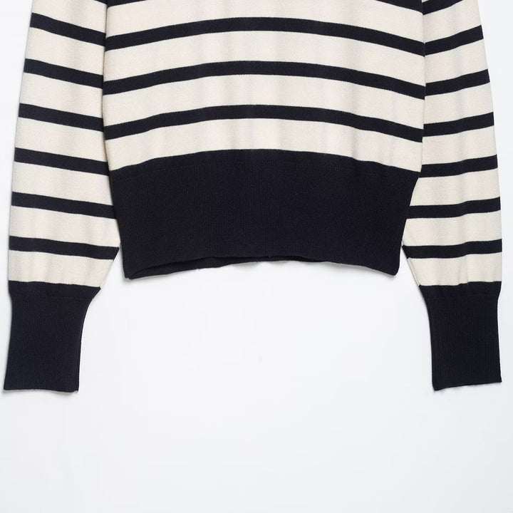 Damen Cropped Boxy Strickpullover mit halbem Reißverschluss, Stehkragen und breiten Streifen Drune