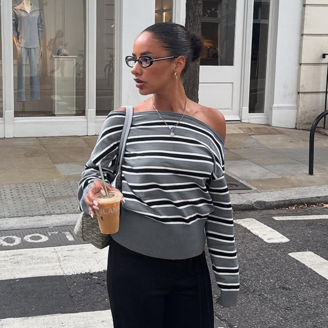 Damen Gestreifter Oversized-Strickpullover mit schulterfreiem Cut und weitem Rippbund Drune